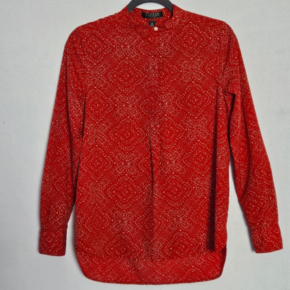Lauren Ralph Lauren Petite Blouse Size Petite Small  Red & Cream High Low Hem